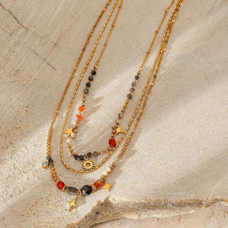 Colorful Natural Stone Titanium Steel Pendant Necklace Women Multi Layer Fashion Chain Collarbone Jewelry Gift