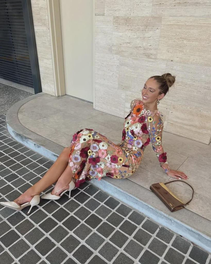 Colorful 3D Floral Embroidery Mesh Fishtail Dress - Spring/Summer