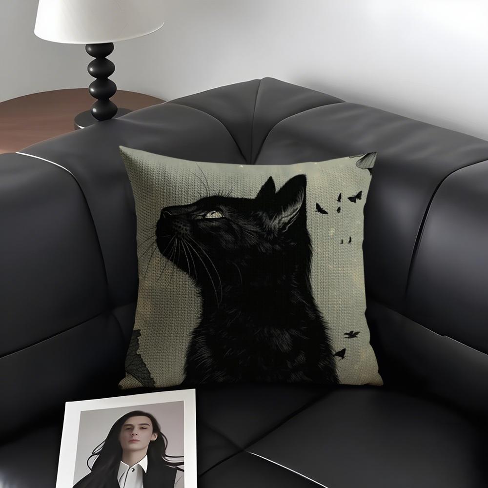 Black Cat Cushion Cover Natural Linen Organic Fabric DoubleSided Printing Sofa Home Decor Gift Pillow Case