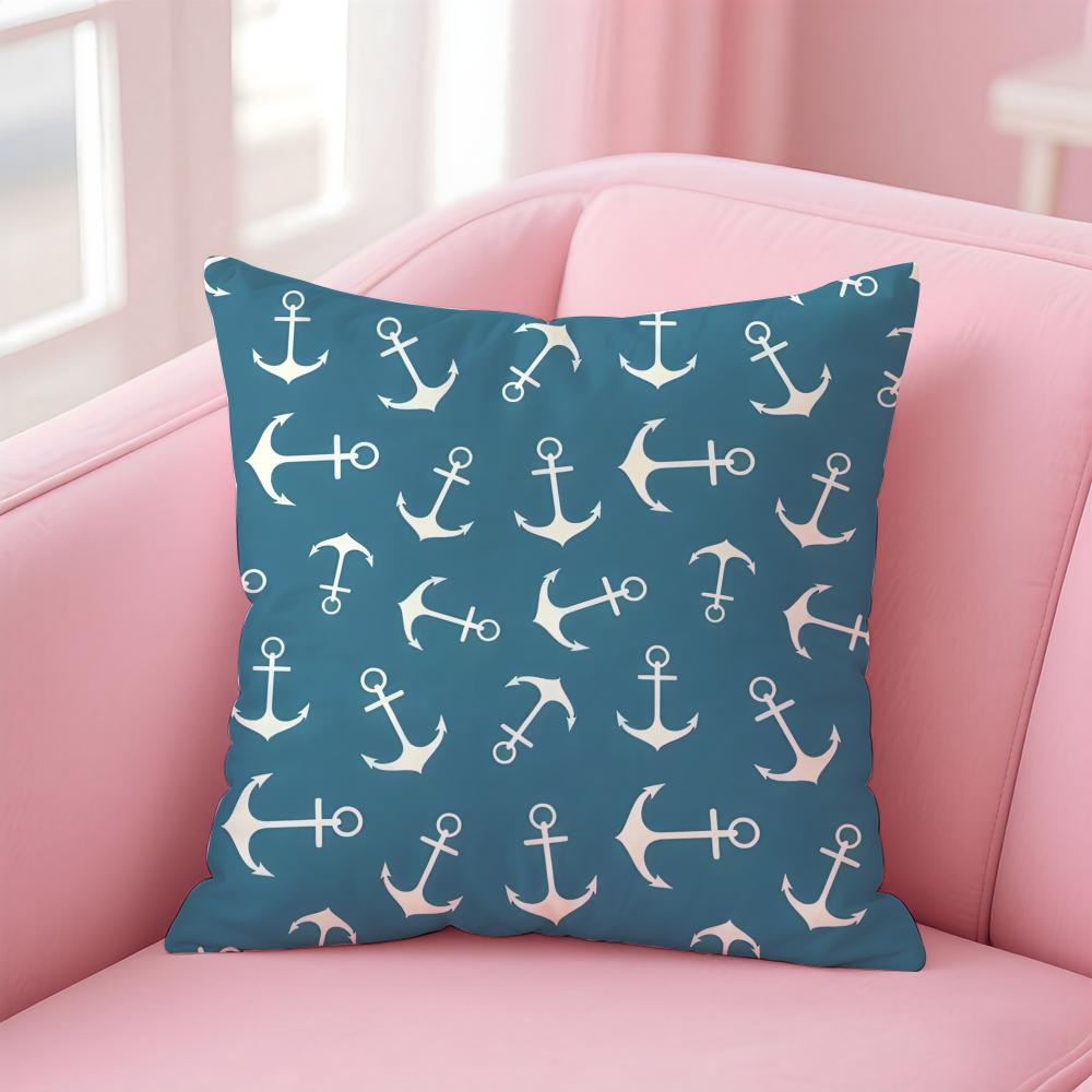 Casual Blue Maritimethemed Pattern Cushion Cover Pillowcase Short Plush Invisible Zipper Room Sofa Cushion Cover