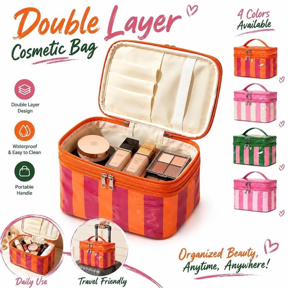Wiederverwendbare Doppellagige Kosmetiktasche Glänzendes PVC Make-up-Organizer Gestreift Wasserdichte Kulturtasche Damen