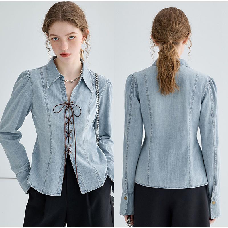 Elegant Women's Denim Lace Up Shirt Light Blue Turn Down Collar Puff Sleeves Waist Tight 2025 Spring Preppy Style Female Tops