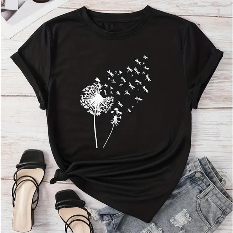 T-shirt à col rond imprimé pissenlit, T-shirt décontracté à manches courtes pour le printemps et l'été, Vêtements pour femmes