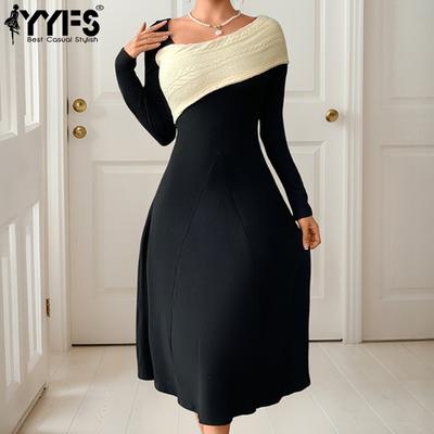 Dámská móda Jaro Podzim Jednobarevný potisk Neformální šaty s dlouhým rukávem a výstřihem do V s vysokým pasem