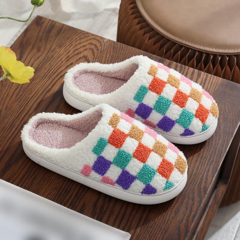 Fashion Rainbow Plaid Couple Cotton Slippers Lightweight Soft Sole Winter Home Slippers Women Indoor Bedroom Flat Non Slip Plush Slides