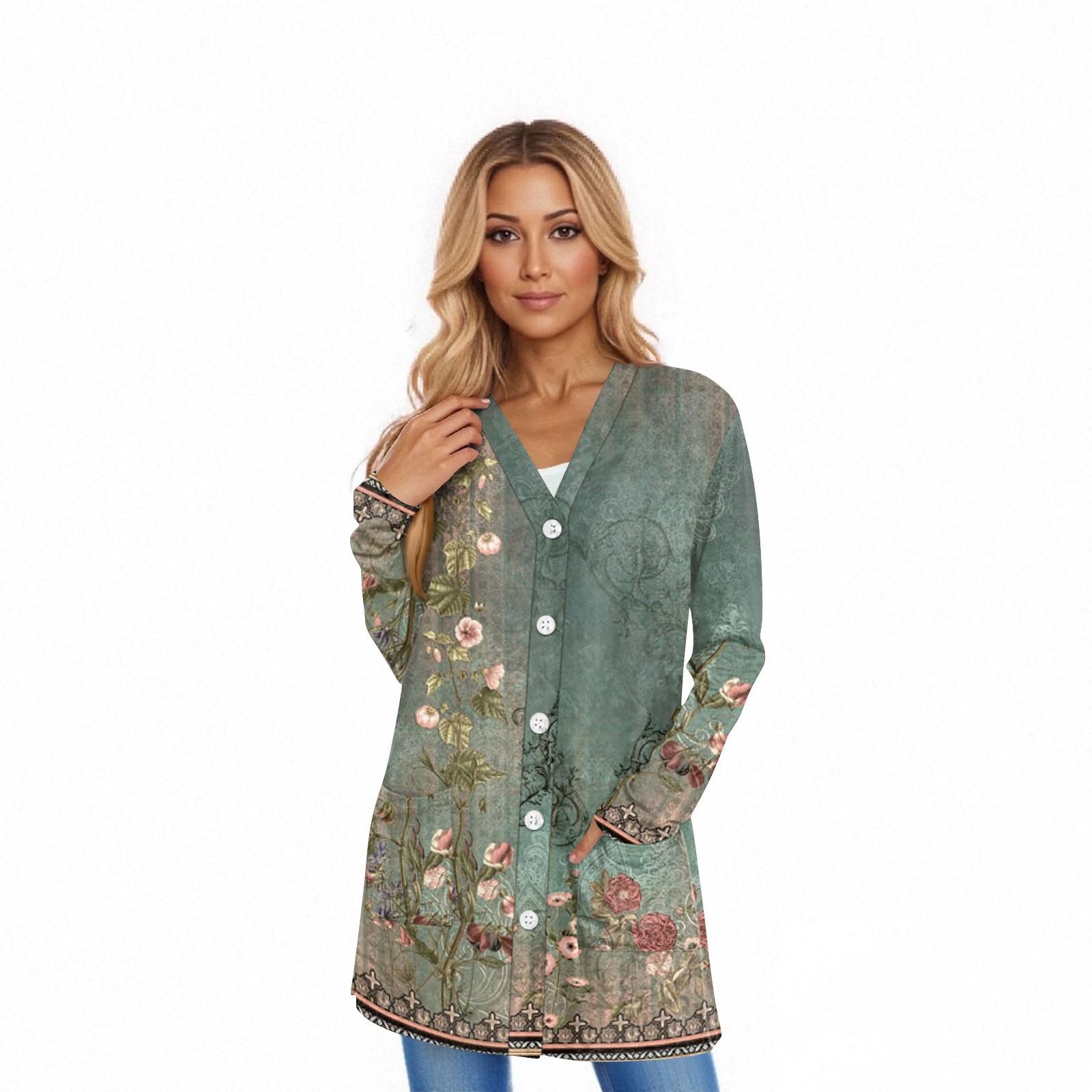 

Women s Long Sleeve Cardigan Casual Jacket With Pockets Top L зелений