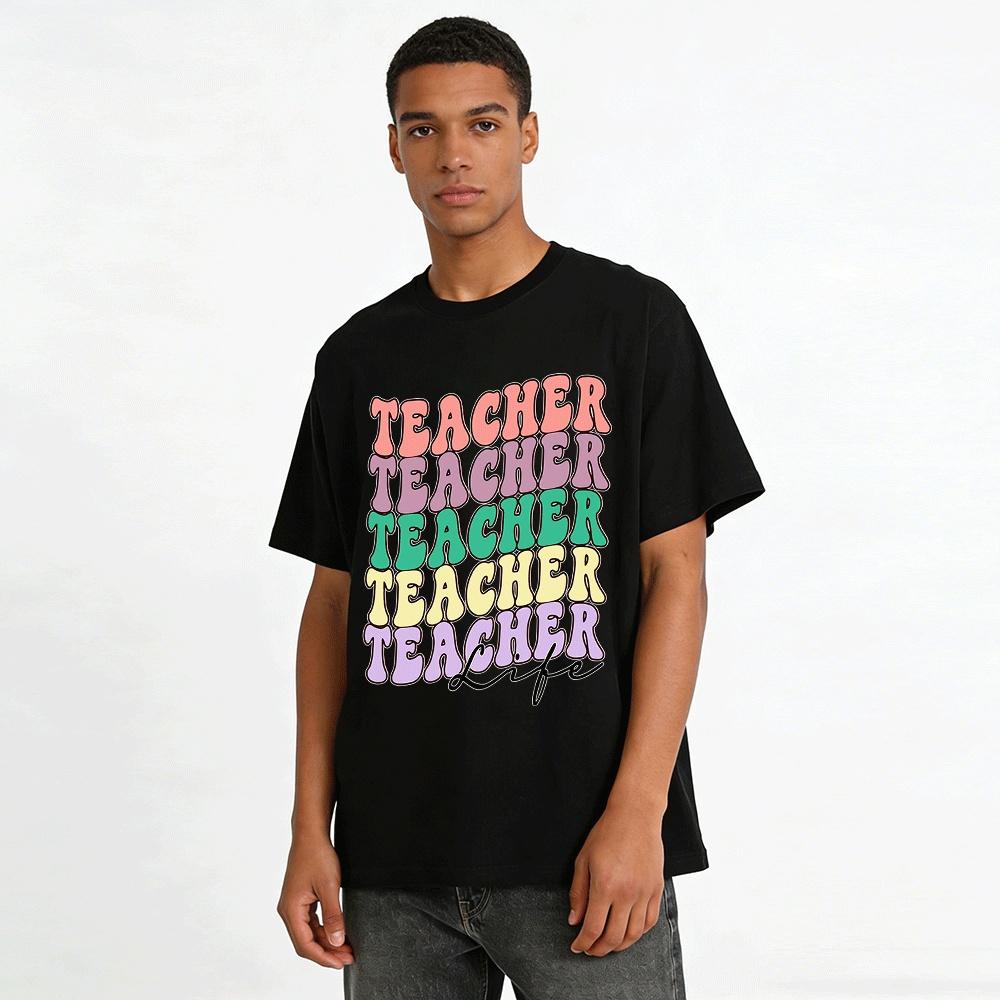 Retro Teacher Life Printed Casual Top For Educators Pure cotton T-shirt
