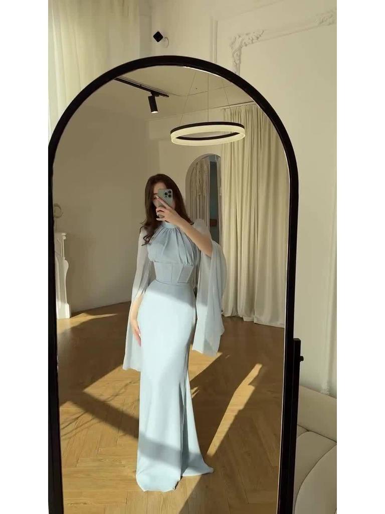 Spring Women's Elegant Flowy Long-Sleeve Dress - European American 2025 Style