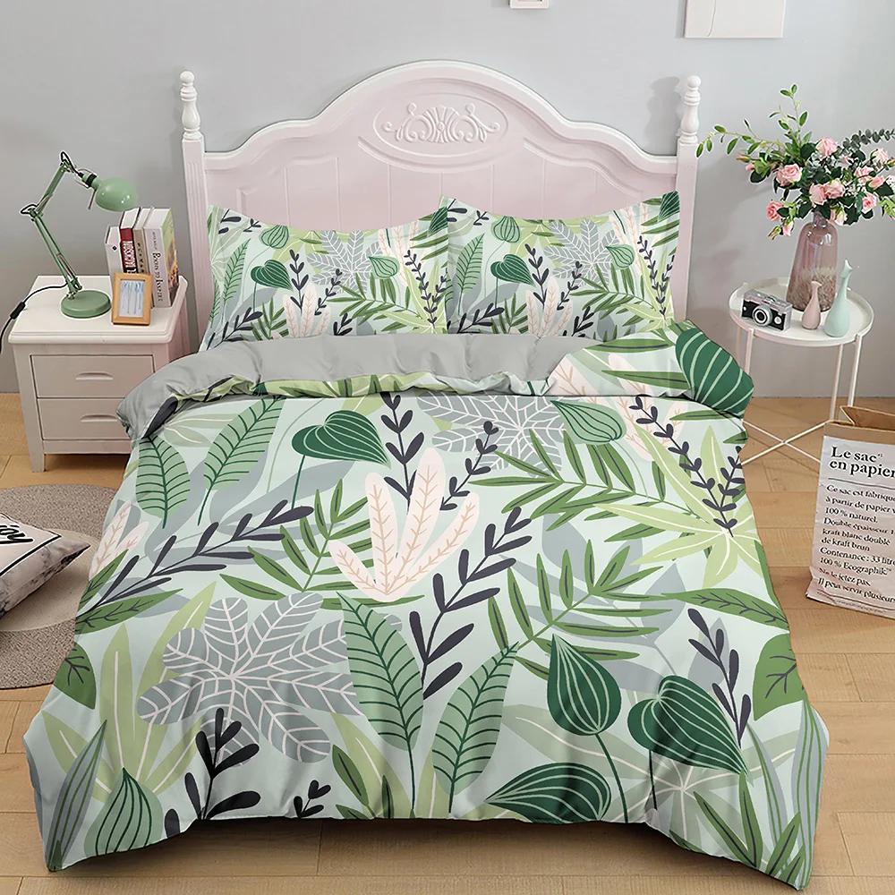 Tropical Botanical Leaves King Queen Duvet Cover Green Palm Leaves Polyester Bedding Set for Kids Teens Adults with Pillowcase