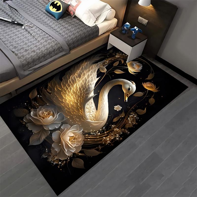 Elegant Swan and Floral Design Carpet with Golden Accent Pattern Suitable for use as an anti-slip for living room bedroom sofas