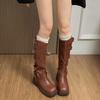 Fashion Winter Thick Heel Woman Knee High Boot Fashion Side Zippers Shoes Vintage Belt Buckle Ladies Knight Long Booties