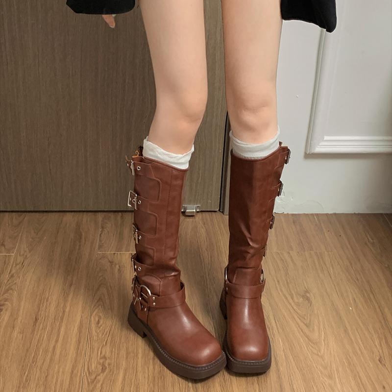Fashion Winter Thick Heel Woman Knee High Boot Fashion Side Zippers Shoes Vintage Belt Buckle Ladies Knight Long Booties