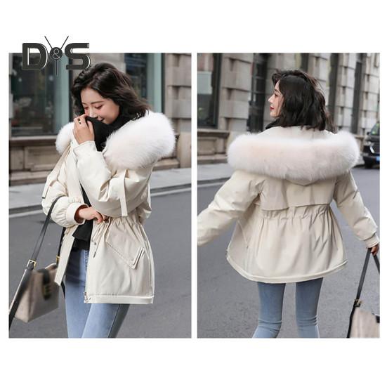 Jaqueta feminina acolchoada, casaco forrado de pelúcia com cordão na cintura, jaqueta acolchoada quente de inverno com capuz de pele sintética para trabalho, moda urbana
