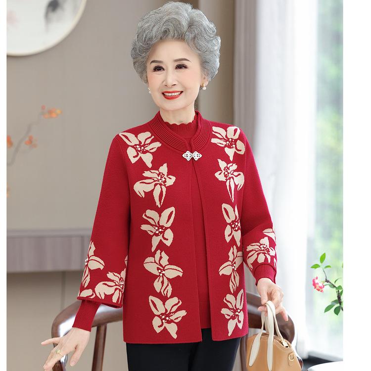 

New Embroidered Large Size Knitted Top Versatile Sweater for Middle-aged and Elderly People In Spring and Autumn Mother Round Neck Sweater Jacket XL красный