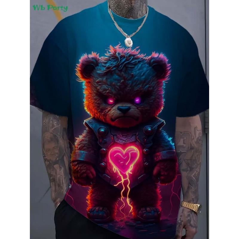 Vintage 3D Bear Men s Printed T-Shirt Summer Street Men s Short Sleeve Tee Fashion Round Neck Men s Top Oversized Men s T-Shirt XXS