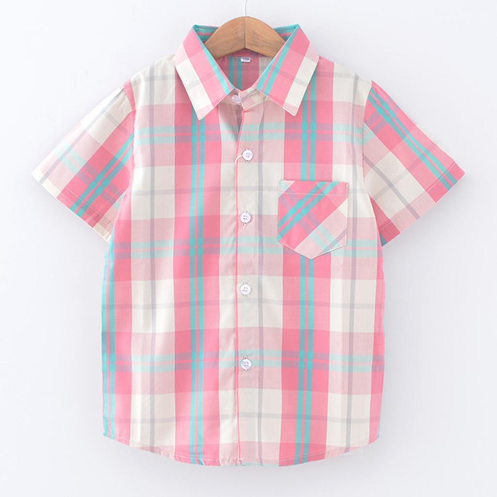 Children's Casual Plaid Shirt With Lapel And Short Sleeves