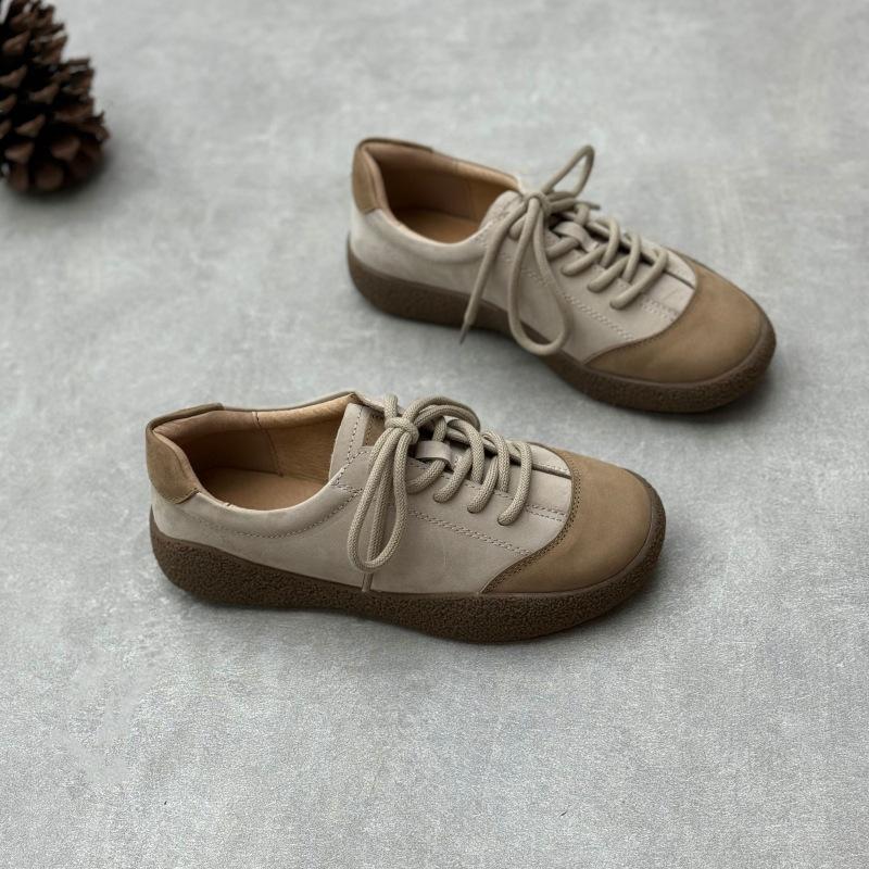 Johnature Handmade Genuine Leather Lace Up Casual Soft Soled Shoes Mixed Colors Women's Flat Shoes