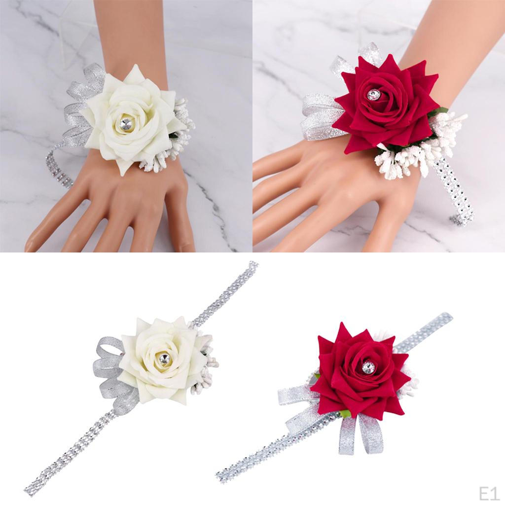 Velvet Hand Flower Girls Wrist Corsage With Rhinestone Chain - Red, 10x8x6cm