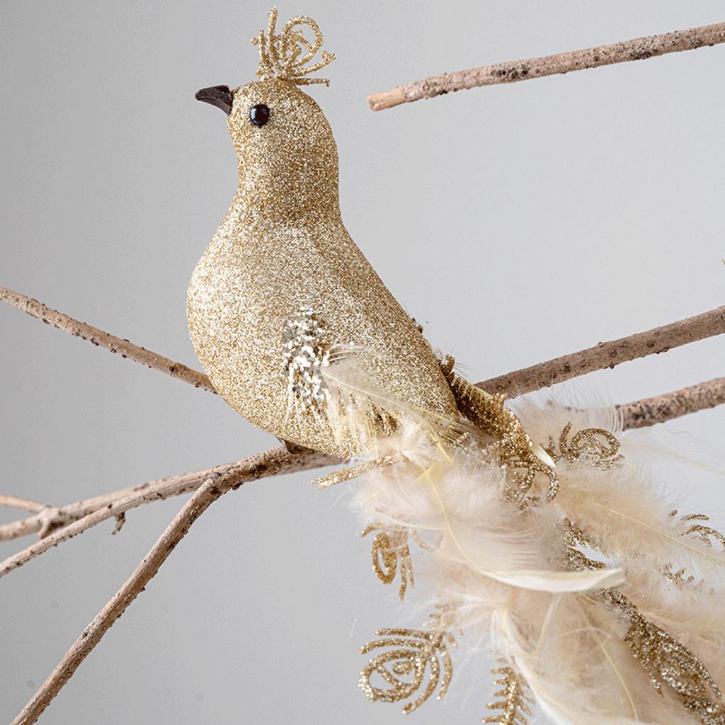 Realistic Peacock Ornament With Golden Glitter Feathers For Christmas Tree Home Garden Decorations