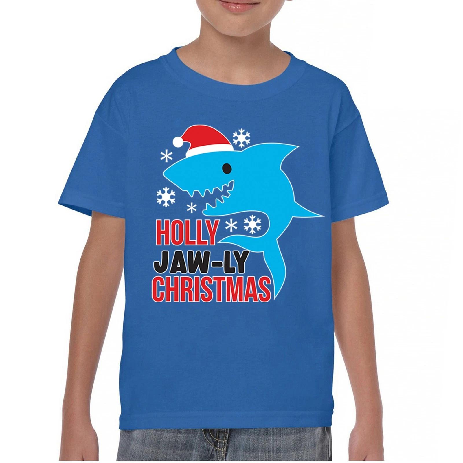 Holly Jaw-ly Christmas Youth kids boys T-Shirt Ugly Sweater Party Shark Xmas Kids 120
