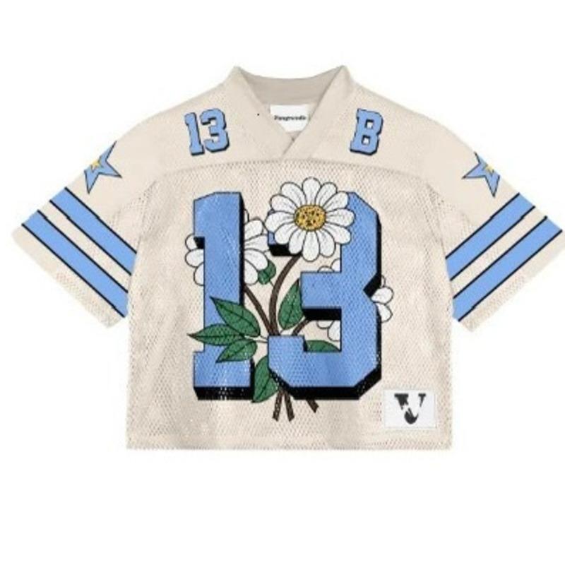 Maglietta americana Y2K, stile Harajuku, hip hop, moda, maglia da football, streetwear, vintage, casual, traspirante, con giunture, ampia, manica corta