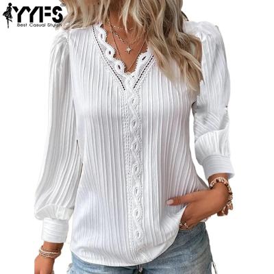 Blusas y camisas con cuello en V y mangas largas con estampado de Color sólido para mujer, informales, a la moda, primavera y otoño