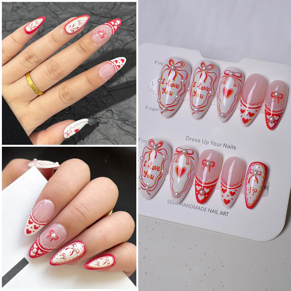 New Year French Almond Red Heart Pearl Bow False Nails