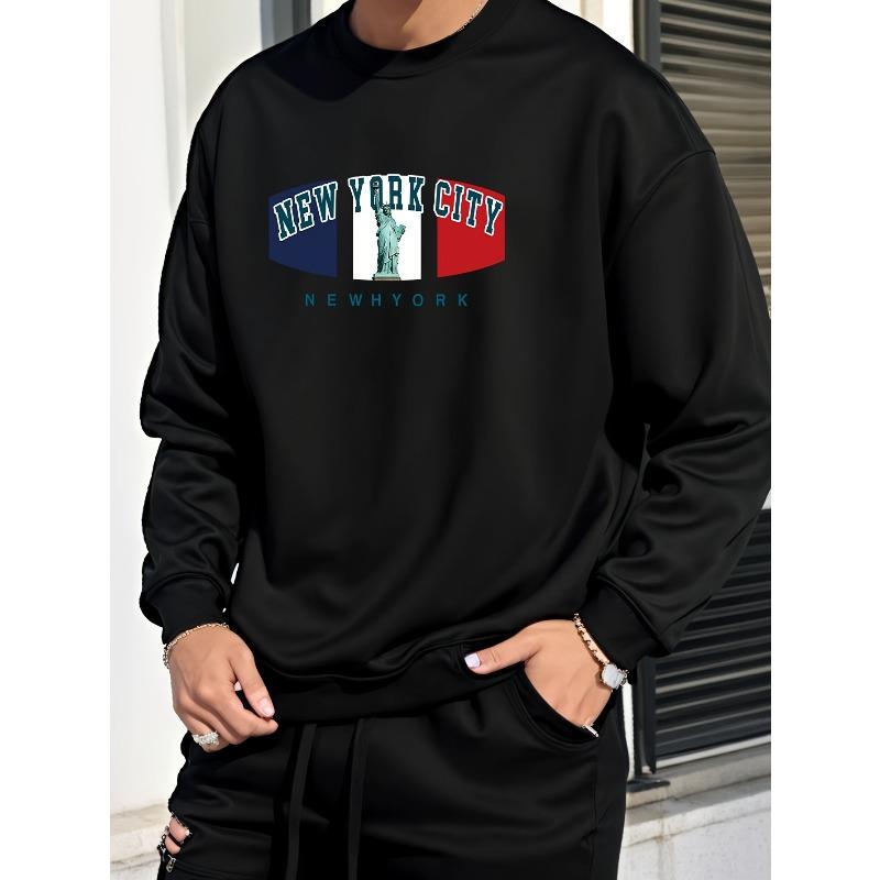 New York Liberty Print Men's Casual Sweatshirt  Long Sleeve, Round Neck, Loose Fit Pullover For Sports Casual Attire