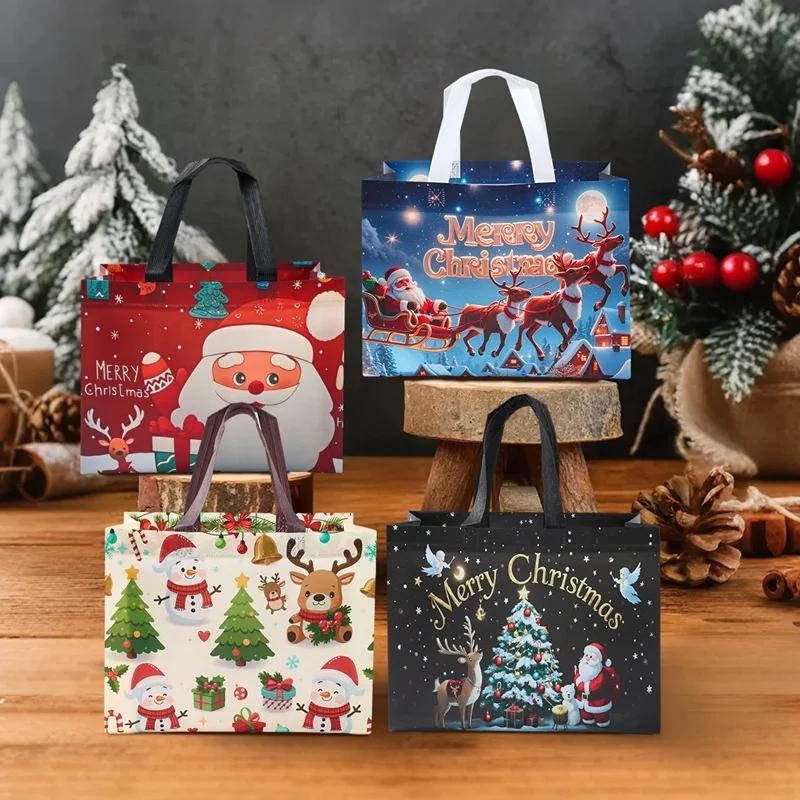 12pcs Festive Christmas Gift Bags - Snowman, Tree , Stocking Design, Black Golden with Handles, Non-Woven Tote Bags
