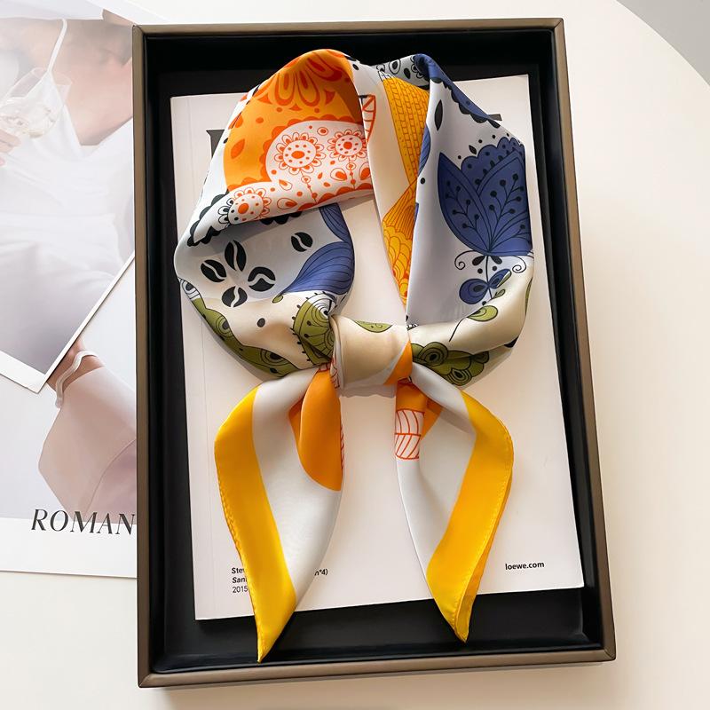 Luxury Black White Print Silk Square Scarf Women Soft Satin Hairband Neckerchief Office Hijab Headband Foulard Bag Ribbons Gift