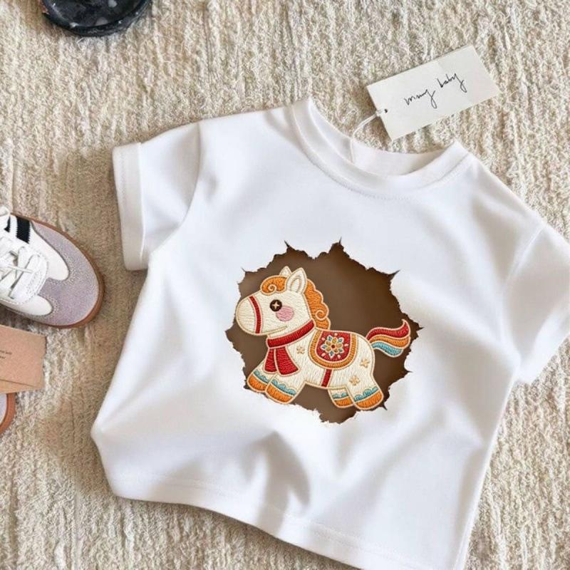 Kids Pure Cotton Cartoon Short Sleeve T Shirt Summer Baby Toddler Round Neck Top
