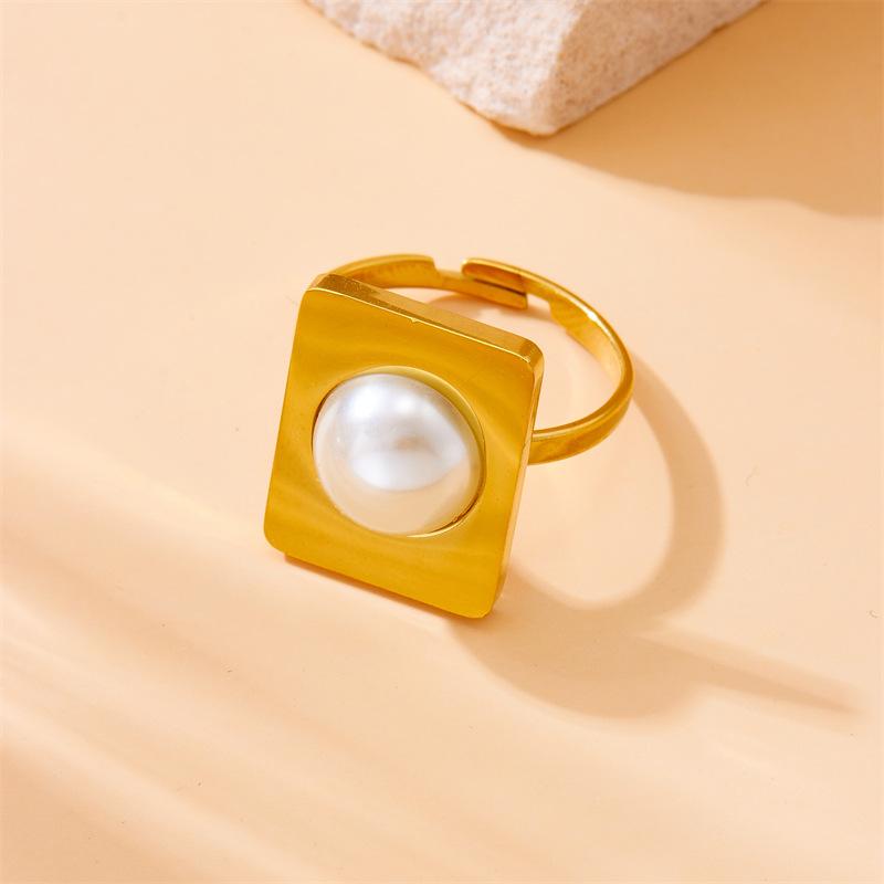Gold Plated Stainless Steel Square Pearl Open Statement Ring for Women