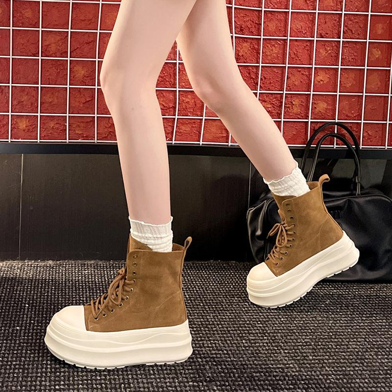 Canvas-High-Tops mit dicker Sohle für Damen 2025 Herbst und Winter Retro Europäischer und Amerikanischer Stil Großer Zeh Schnürschuhe Matt Workwear Ritterstiefel f
