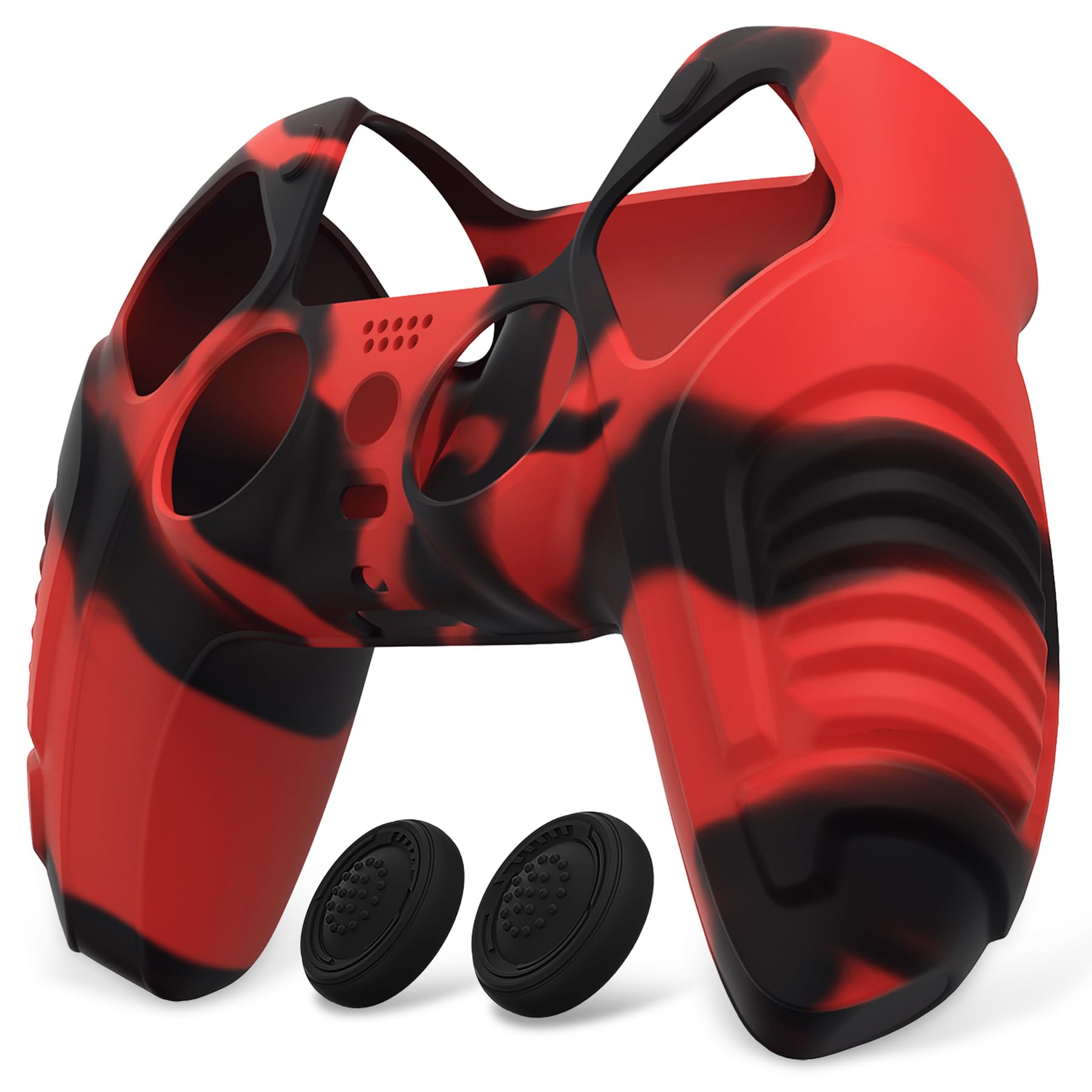 

PlayVital Захисний чохол для контролера PS5 Гумовий захисний чохол для бездротового контролера PS5 М яка силіконова накладка зі ковпачками для великих пальців Червоно-чорна кришка,