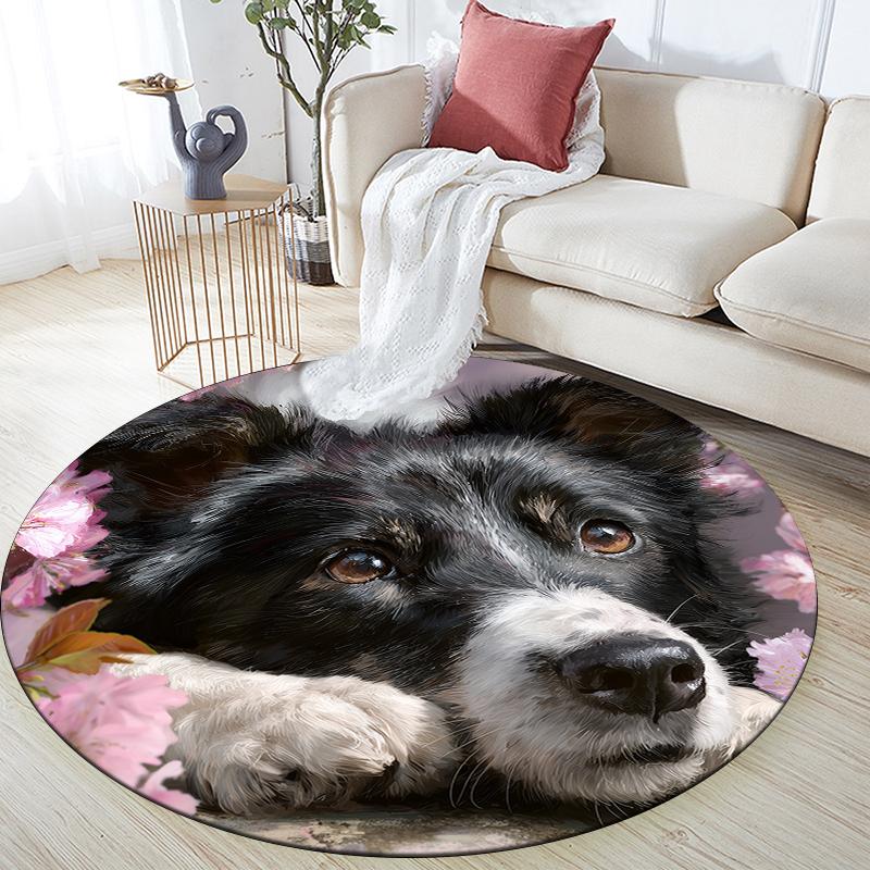 Runder Teppich mit Muster von Border Collie und frischen Blumen, Teppich für Wohnzimmer, Schlafzimmer, Spielzimmer, rutschfeste Fußmatte, Feiertagsgeschenke und Geburtstagsgeschenke.