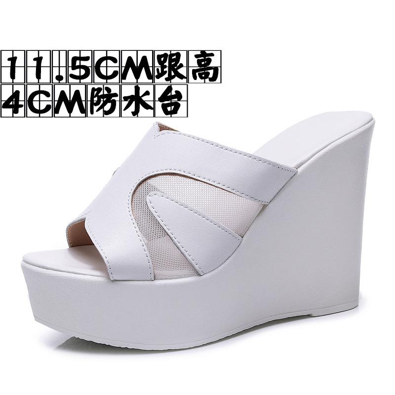 Fashion Outside Wear Slope Heel Shoes Summer Platform Hollow High Heel Fish Mouth Mesh Slippers Large Size Casual Zapatos Mujer