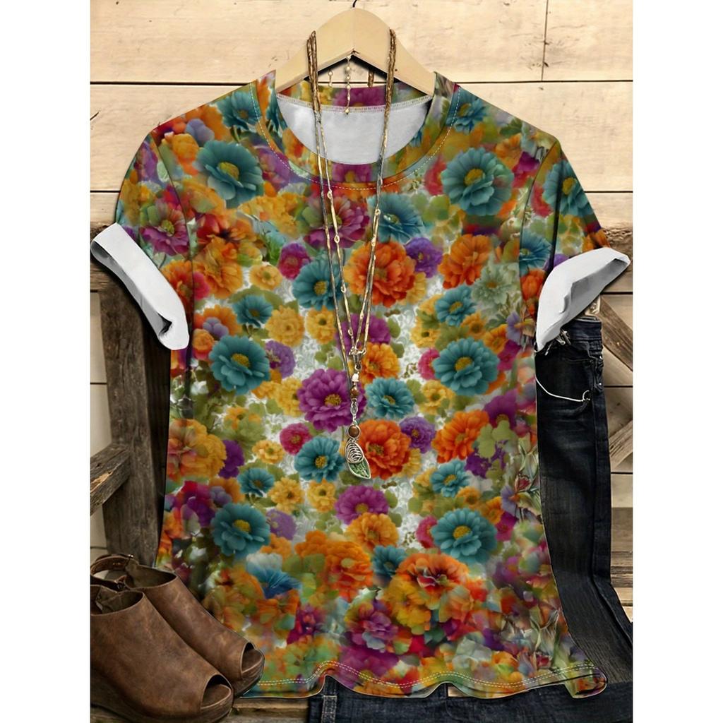 Letní dámské tričko s kulatým výstřihem, květinovým vzorem a 3D potiskem, módní, ležérní, s krátkým rukávem