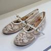 Summer Mesh Fabric Buckle Strap Flat Heels Women Sandals Designer Embroider Round Toe Dress Mule Shoes Big