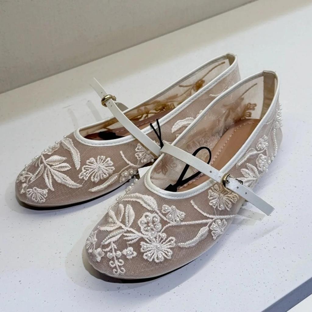Sandali da Donna a Tacco Basso con Tessuto a Rete, Punta Tonda e Cinturino con Fibbia, Sandali da Donna Designer Ricamati Mule Scarpe Zapatos De Mujer