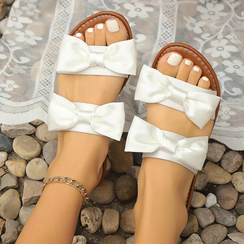Fashion Polka Dot Bowknot Flat Sandals for Women 2025 Summer Fashion Comfortable Beach Slippers Woman Lightweight Casual Outdoor Slides
