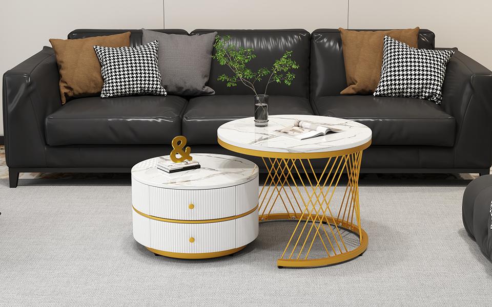 Elegant 2-Piece White Coffee Table Set, Nesting Shape, 60*60*46cm & 50*50*30.8cm, Marble Look, 2 Drawers, Load Capacity up to 30kg