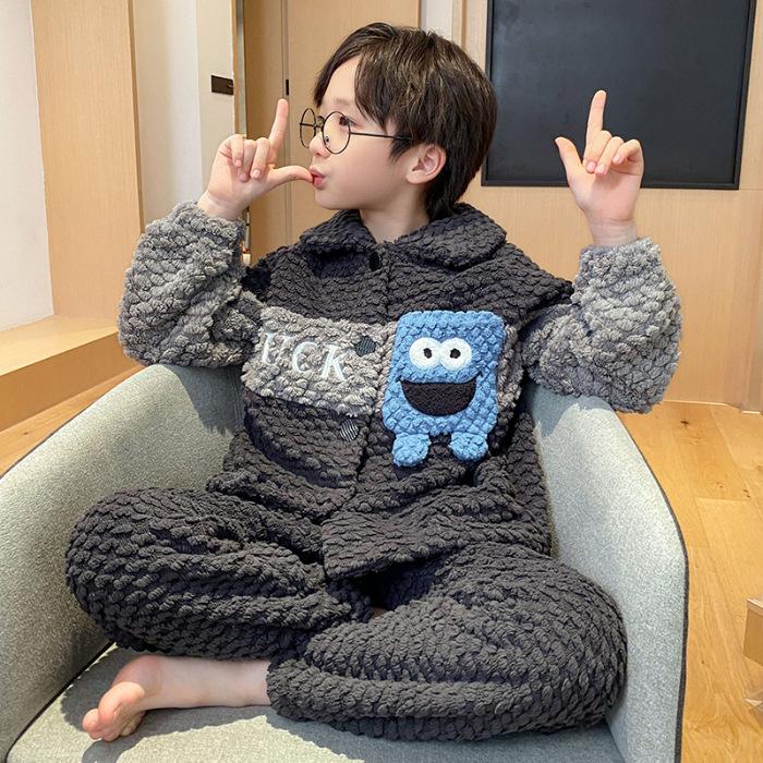 Kids Flannel Pajamas Set Boys Girls Warm Long Sleeve Top And Pants Sleepwear Winter Home Nightwear
