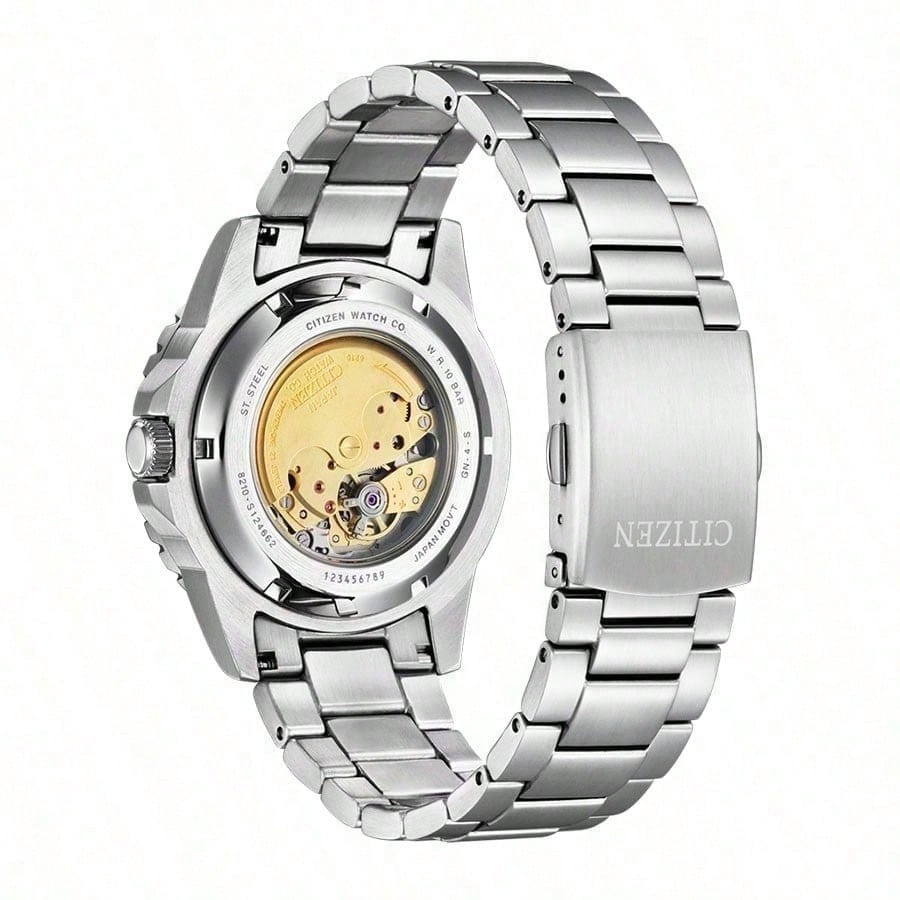 CITIZEN AquaMechanical Fashion Watch: Mechanical Movement, Stainless Steel Strap, Japanese-Korean Style for Men, Orange Dial, Model NJ0128-80X