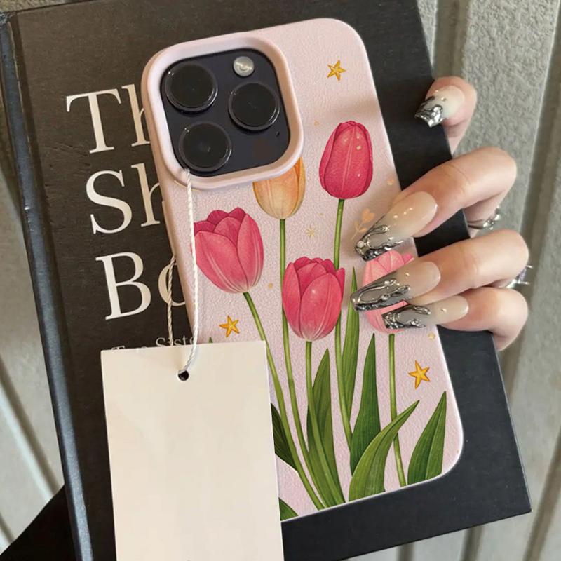 

Pink Tulip Flowers Imitation Leather Phone Case for iPhone 17 Air 16 E 15 14 Plus 13 12 11 Pro Max XS Max Silicone Soft Cover iPhone XS Max