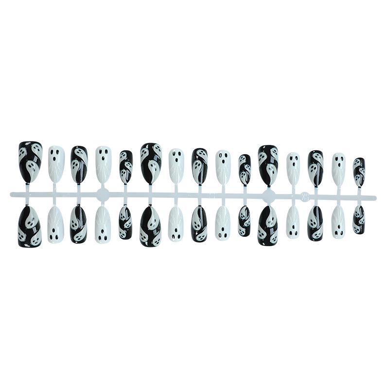30 Piece Halloween Almond-Shaped Wearable Nails With 3D Black & White Ghost Nail Art Tips
