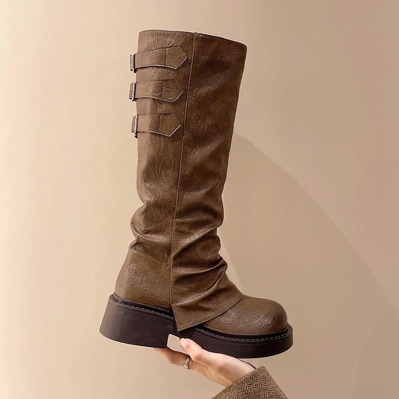 

Fashion Women s Boots Fashion Knee-high Boots New Round Toe Trouser Leg Boot High Quality Leather Mid-calf Boots for Women Platform Boot 40