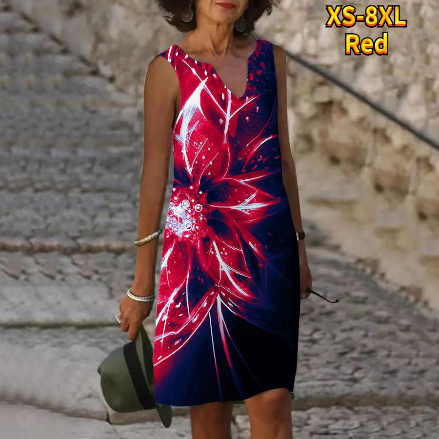 Women V Neck Summer A Flower with Green Glowing Stamens Print Dress Casual Sleeveless Fashion Casual Loose Sexy Dresses Plus Size XS-8XL