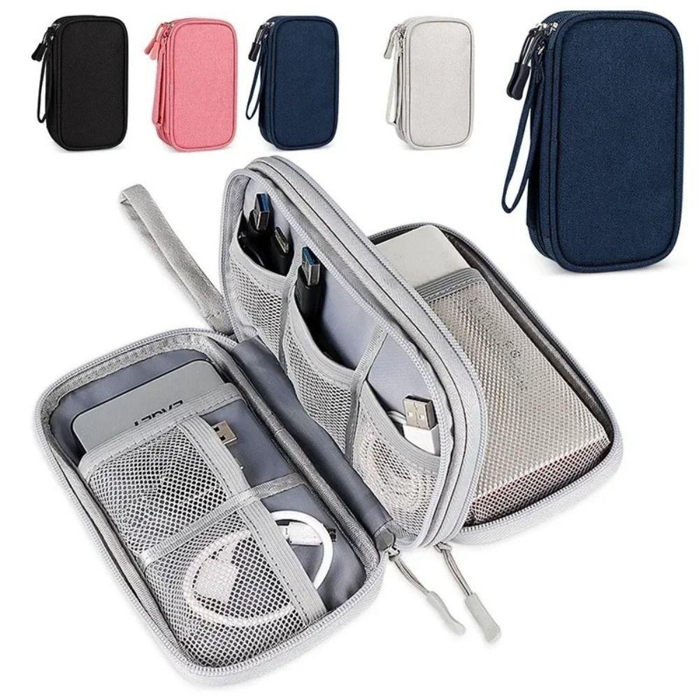 Portable Double Layer Digital Storage Pouch Waterproof Headphone Data Cable Storage Bag Solid Color Travel Hard Disk Organizer