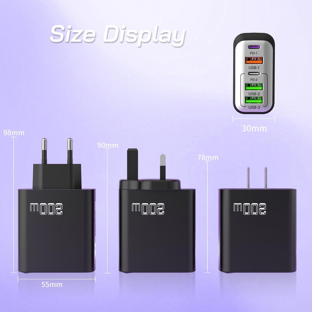 200W Multi-Port Charger with QC3.0 & PD Fast Charging, 3 USB + 2 PD Ports, EU/UK Plug, 5V/4A
