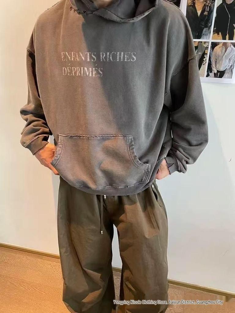 ERD Distressed Second Gen Letter Print Hooded Sweatshirt